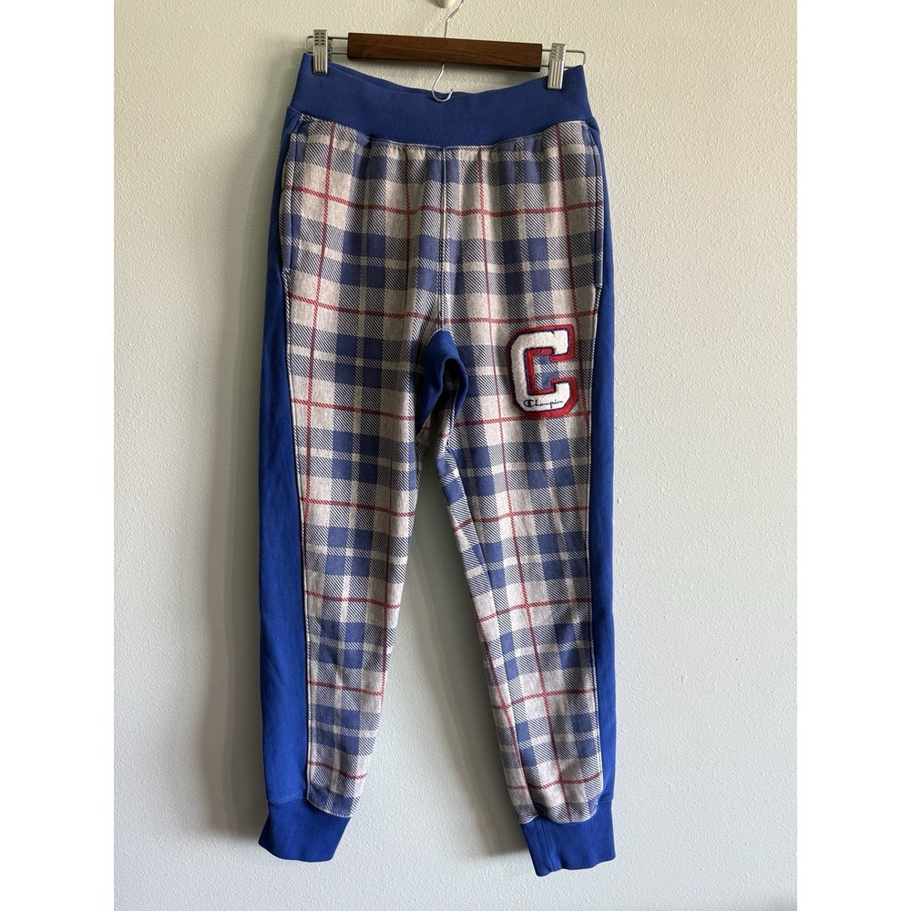 Vintage Champion Men's Sweatpants Med Reverse Weave Argyle Plaid Y2K Embro